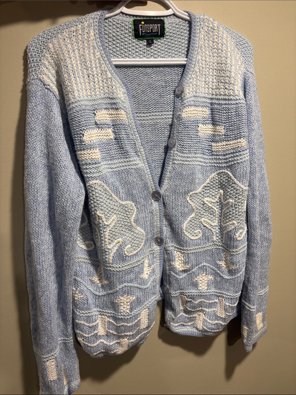 Light Blue and Cream Knit Cardigan Sweater